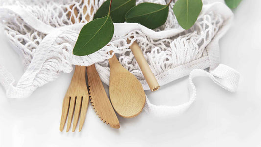 bamboo cutlery in net bag