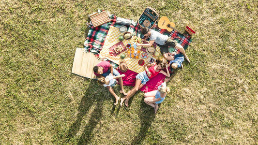 Aerial drone view of happy families having fun with kids at picnic barbecue party - Multiracial happiness and love concept with mixed race people playing with children at park - Warm bright